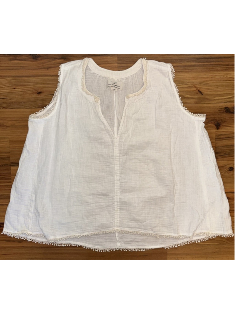Birds of Paradis by Trovata White Cotton Gauze Top Peasant Cottagecore Coastal L
